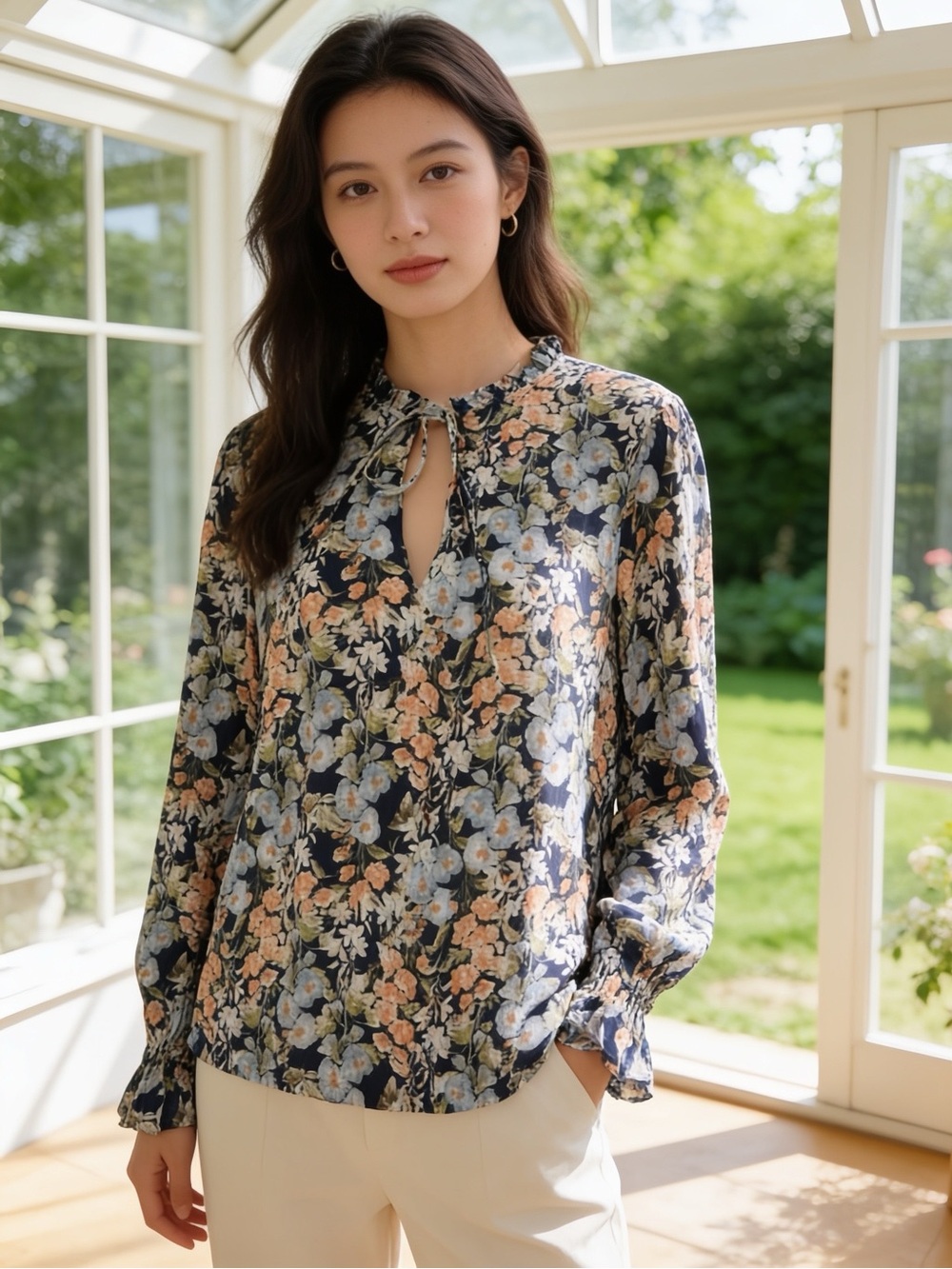 CeCe Floral Tie Neck Ruffle Cuff Blouse Black Multi Long Sleeve Medium